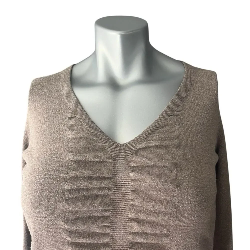 Express Women’s V-neck Long Sleeve Beige Sweater Ruched Small Brown Classic